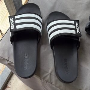 Adidas Black and White Striped Slides